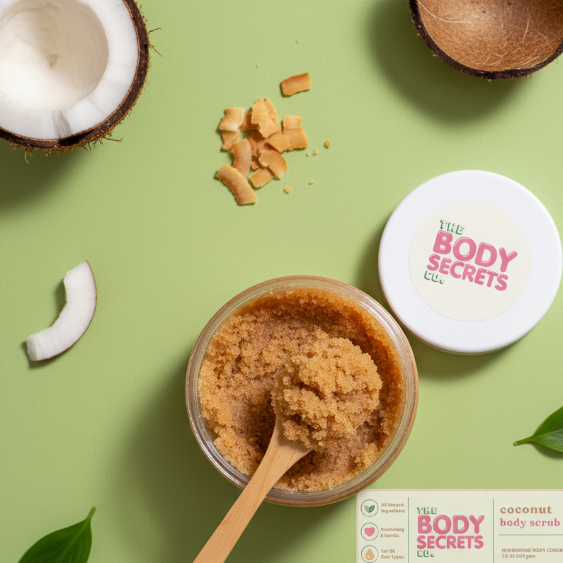 Coconut Body Scrub – Flatlay Open Jar