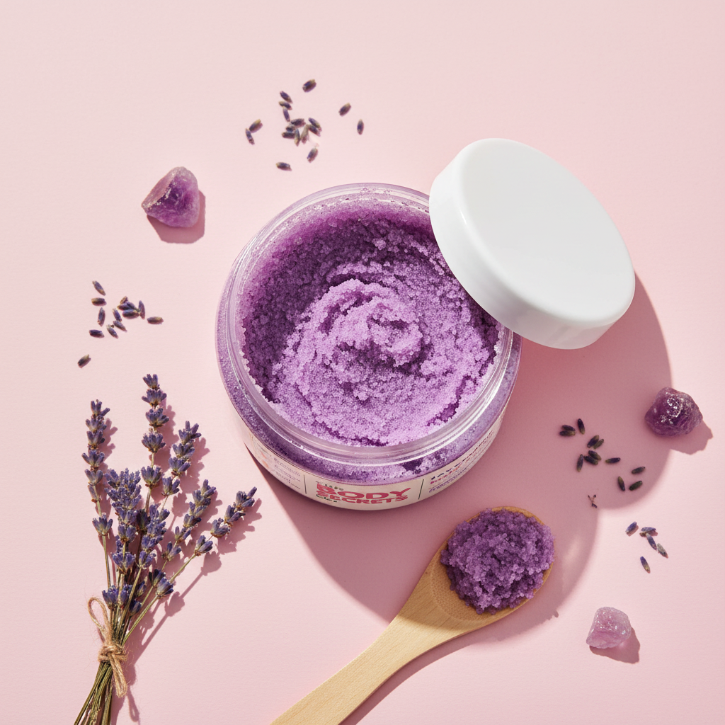 Lavender Body Scrub – Flatlay